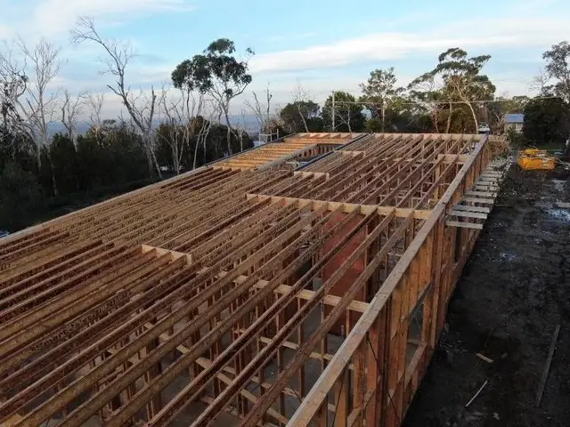Timber roof framing under construction